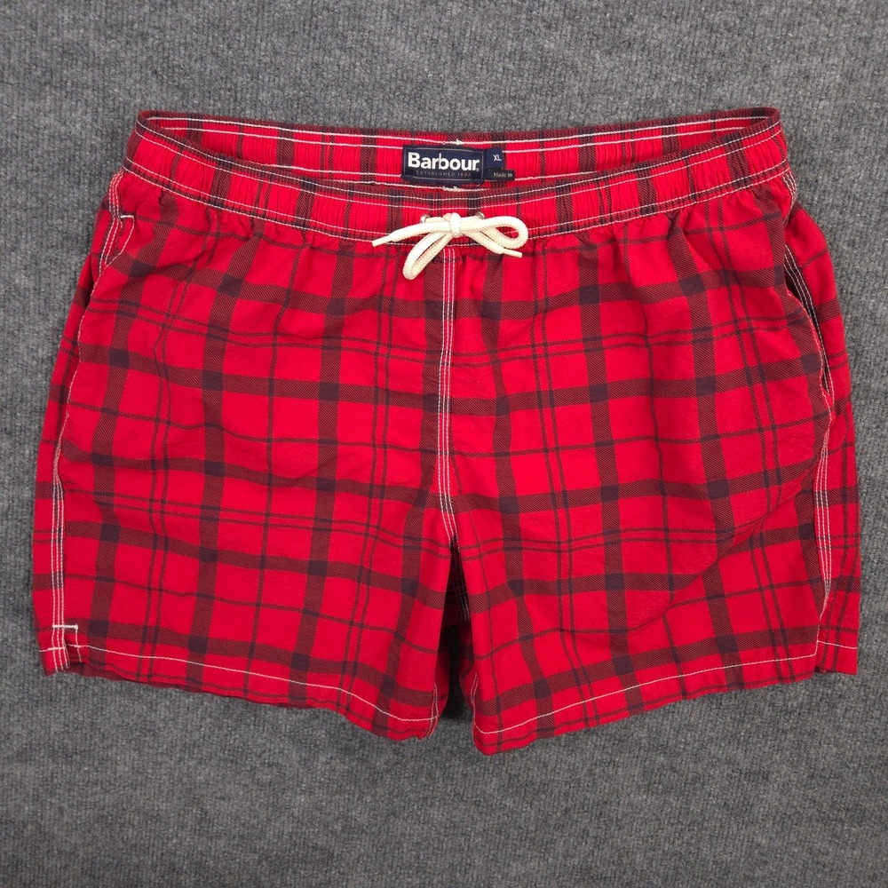 Barbour Swim Trunks Mens XL Red Tartan Plaid Pockets Lined Stretch 5.5" Inseam